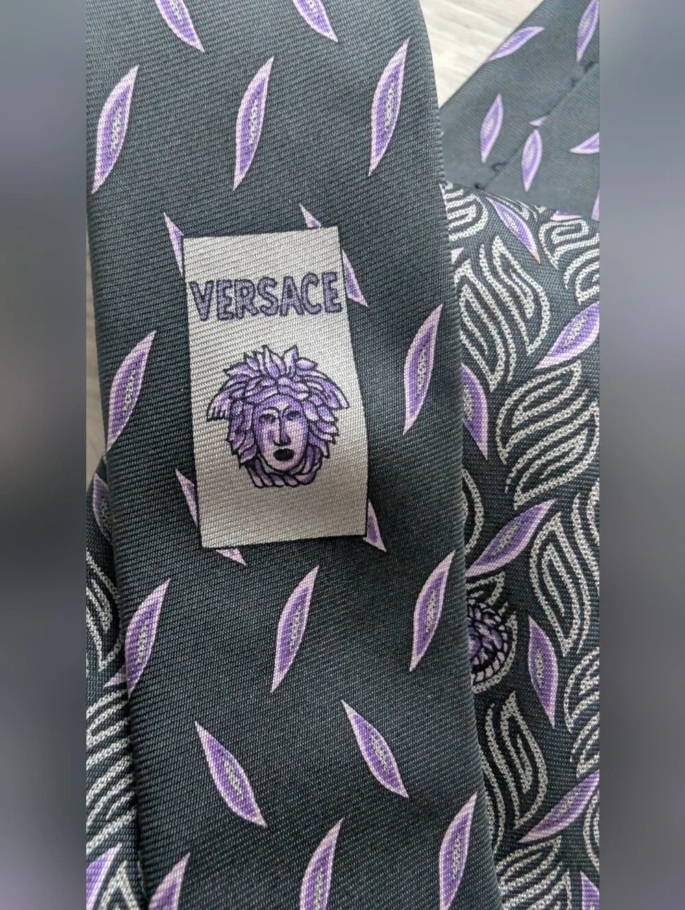 Versace Black & Purple Leaf Motif Silk Tie